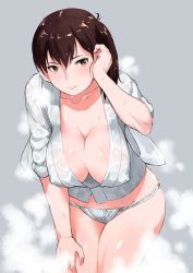 10s 1girl bent_over breasts brown_eyes brown_hair cleavage covered_erect_nipples curvy downblouse female_focus fundoshi hanging_breasts japanese_clothes jpeg_artifacts kaga_(kancolle) kantai_collection large_breasts leaning_forward looking_at_viewer mizu_happi nathaniel_pennel short_hair side_ponytail solo sweat wide_hips rating:Questionable score:31 user:danbooru
