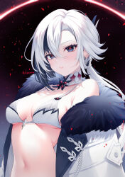  1girl arlecchino_(genshin_impact) black_background black_eyes black_hair black_hole blush bra breasts choker cleavage coat earrings eyelashes fur-trimmed_coat fur_trim genshin_impact hair_between_eyes highres jewelry kanora light_particles lips long_hair long_hair_between_eyes looking_at_viewer medium_breasts multicolored_hair navel parted_lips red_pupils signature solo solo_focus streaked_hair stud_earrings symbol-shaped_pupils two-tone_hair underwear upper_body white_bra white_hair x-shaped_pupils 