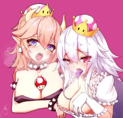 2girls bad_id bad_twitter_id between_breasts black_dress blonde_hair blue_eyes blush bowsette breasts cleavage crown dress gloves heart heart-shaped_pupils highres large_breasts long_hair looking_at_viewer luigi&#039;s_mansion mario_(series) mayogii multiple_girls new_super_mario_bros._u_deluxe nintendo open_mouth pointy_ears princess_king_boo purple_eyes saliva saliva_trail simple_background super_mushroom symbol-shaped_pupils tongue tongue_out white_hair rating:Sensitive score:9 user:danbooru