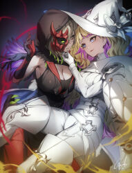 2girls blonde_hair blue_eyes breasts cleavage colored_tips detached_sleeves diabellstar_the_black_witch diabellze_the_original_sinkeeper dress duel_monster eye_of_horus genyaky gloves green_eyes green_hair grey_hair half_mask hand_on_another&#039;s_chin hat highres hood hood_up large_breasts long_hair mask medium_hair multicolored_hair multiple_girls open_mouth pale_skin purple_hair red_mask single_detached_sleeve single_sleeve smile streaked_hair white_dress witch_hat yu-gi-oh!
