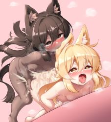 2girls all_fours animal_ear_fluff animal_ears ass_grab biting blonde_hair breasts brown_eyes brown_hair child_on_child completely_nude dark-skinned_female dark_skin doggystyle ear_biting futa_with_female futanari hair_between_eyes heart heart-shaped_pupils loli long_hair multiple_girls musouzuki nude open_mouth original sex sex_from_behind small_breasts symbol-shaped_pupils tongue tongue_out yellow_eyes rating:Explicit score:443 user:danbooru