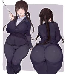 1girl ass blush breasts brown_eyes brown_hair business_suit c.cu curvy formal huge_ass huge_breasts long_hair multiple_views open_mouth pant_suit pants pantylines pointer ponytail smile suit taut_clothes teacher thighs wakana_haruko wide_hips rating:Sensitive score:210 user:danbooru