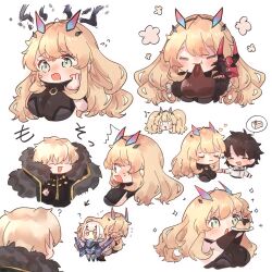  2boys 2girls :3 ? arrow_(symbol) barghest_(fate) black_bodysuit black_hair blonde_hair blush bodysuit boned_meat breasts chibi closed_eyes coat dual_wielding eating fate/grand_order fate_(series) food fujimaru_ritsuka_(male) fur_coat gawain_(fate) green_eyes highres holding holding_hands jitome lance large_breasts long_hair meat melusine_(fate) multiple_boys multiple_girls nose_blush o_o polearm pudding shikuame simple_background twintails weapon white_background  rating:Sensitive score:24 user:ponekad