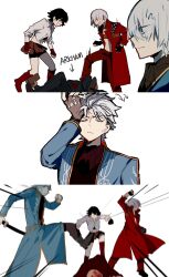  1girl 3boys abbacchio_joins_the_kicking_(meme) arkham black_gloves blue_coat blue_eyes closed_mouth coat dante_(devil_may_cry) devil_may_cry devil_may_cry_(series) devil_may_cry_3 fingerless_gloves gloves hair_slicked_back he_(minty) highres holding holding_sword holding_weapon katana lady_(devil_may_cry) male_focus meme multiple_boys sword thigh_strap vergil_(devil_may_cry) weapon white_hair yamato_(sword) 
