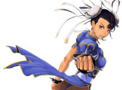  1girl black_hair bracelet breasts brown_eyes bun_cover capcom china_dress chinese_clothes chun-li clenched_hands double_bun dress earrings eyelashes hair_ribbon jewelry lips medium_breasts mouth_hold nekkeau pantyhose pelvic_curtain reversed ribbon sash short_hair solo spiked_bracelet spikes street_fighter third-party_edit 