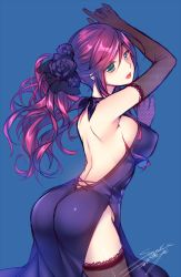 1girl ass black_gloves black_thighhighs blue_background blue_dress blush breasts character_request covered_erect_nipples dress elbow_gloves fishnet_gloves fishnets flower gloves green_eyes hair_flower hair_ornament large_breasts lips long_hair looking_back open_mouth purple_hair side_ponytail side_slit signature simple_background solo sorai_shin&#039;ya thighhighs rating:Sensitive score:22 user:danbooru