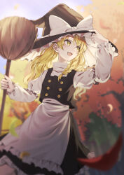  1girl apron black_vest blonde_hair bow braid broom commentary hand_on_headwear hat hat_bow highres holding holding_broom kirisame_marisa long_hair long_sleeves open_mouth side_braid single_braid smile solo touhou vest wanko_sora white_apron white_bow witch_hat yellow_eyes 