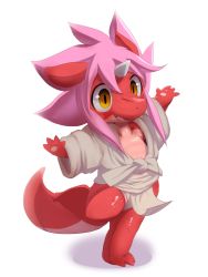  1girl animal_hands barefoot dragon fang feet horns loli pawpads pink_hair single_horn solo tail toes yellow_eyes  rating:Questionable score:8 user:FSR