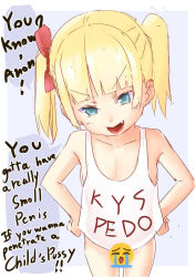  1girl 4chan blonde_hair blue_eyes blunt_bangs bottomless bow censored clothes_writing collarbone crying_emoji drawfag emoji emoji_censor english_text eyebrows fang female_focus flat_chest hair_bow head_tilt leaning_forward loli looking_at_viewer meme mesugaki open_mouth red_bow solo stick-chan tank_top thighs tsurime twintails uohhhhhhhhh!_(meme) white_tank_top  rating:Questionable score:351 user:ponekad