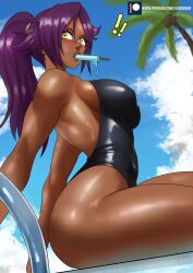  ! !! 1girl absurdres arm_support ass bare_arms bare_legs bare_shoulders black_one-piece_swimsuit bleach blue_sky blush breasts cloud dark-skinned_female dark_skin eating echo_saber food food_in_mouth high_ponytail highleg highleg_swimsuit highres huge_ass ice_cream large_breasts lips long_hair looking_at_viewer one-piece_swimsuit palm_tree popsicle popsicle_stick purple_hair shihouin_yoruichi shiny_clothes shiny_skin sideboob sitting sky solo swimsuit thighs tree very_long_hair wide_hips yellow_eyes  rating:Sensitive score:82 user:anon-sama_