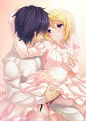 10s 1boy 1girl bad_id bad_pixiv_id blonde_hair blush grabbing_another&#039;s_breast breasts bridal_veil bride charlotte_dunois clothes_lift crotchless crotchless_panties dress dress_lift elbow_gloves eye_contact flower formal garter_straps gloves grabbing hetero highres hinasaki_you infinite_stratos jewelry looking_at_another medium_breasts orimura_ichika panties pink_flower pink_rose purple_eyes purple_hair ring rose saliva saliva_trail suit thighhighs underwear veil wedding_dress white_gloves rating:Questionable score:104 user:danbooru