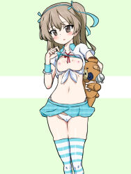  1girl absurdres blush boko_(girls_und_panzer) breasts brown_eyes brown_hair cameltoe cleavage girls_und_panzer highres holding holding_stuffed_toy long_hair looking_at_viewer misakichi_(fechisupi777) navel nipples open_mouth panties shimada_arisu small_breasts smile solo striped_clothes striped_thighhighs stuffed_toy thighhighs underwear white_panties 