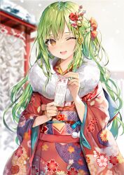  1girl ;d blurry blurry_background blush braid brown_eyes commentary_request depth_of_field eyebrows_hidden_by_hair floral_print floral_print_kimono flower french_braid fur_collar green_hair hair_between_eyes hair_flower hair_ornament hair_ribbon hairclip hatsumoude highres holding japanese_clothes kimono long_hair long_sleeves looking_at_viewer momoko_(momopoco) nengajou new_year obi omikuji one_eye_closed open_mouth original outdoors print_kimono red_flower red_kimono ribbon sash scarf shrine sidelocks smile snow snowing solo standing upper_body variant_set wide_sleeves winter winter_clothes yukari_(momoko) 
