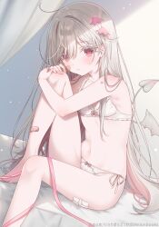  1girl bandaid bandaid_on_cheek bandaid_on_face bandaid_on_leg bare_arms bare_legs bare_shoulders barefoot blush bow bow_bra bow_panties bra closed_mouth commentary demon_girl demon_tail demon_wings feet_out_of_frame grey_hair grey_wings hair_intakes hair_over_one_eye hands_on_own_knee knee_up long_hair mafuyu_(chibi21) mini_wings multicolored_hair original panties red_eyes red_hair side-tie_panties solo symbol-only_commentary tail two-tone_hair underwear underwear_only very_long_hair white_bra white_panties wings 