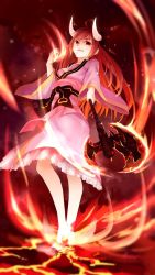 10s 1girl ahoge axe black_ribbon date_a_live dress fire foreshortening from_below full_body hair_ribbon highres holding holding_weapon itsuka_kotori japanese_clothes kimono long_hair long_sleeves looking_at_viewer looking_down parted_lips qifenling_liumiao red_eyes red_hair ribbon smile solo standing weapon wide_sleeves rating:Sensitive score:6 user:danbooru