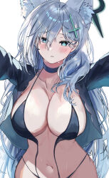  1girl absurdres animal_ear_fluff animal_ears bikini black_bikini black_choker black_halo black_jacket blue_archive blue_eyes blush breasts choker cross cross_hair_ornament dark_halo extra_ears grey_hair hair_ornament halo highleg highleg_bikini highres inverted_cross jacket large_breasts long_hair looking_at_viewer mismatched_pupils navel noco_(no_coco0) open_clothes outstretched_arms shiroko_(blue_archive) shiroko_terror_(blue_archive) simple_background solo stomach swimsuit untied_bikini wardrobe_malfunction white_background wolf_ears  rating:Sensitive score:11 user:danbooru
