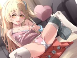  1girl absurdres ass backpack bag blonde_hair blue_shorts braid breasts cameltoe camisole camisole_pull clothes_pull clothes_writing couch female_focus highres huge_filesize indoors leaning_back legs loli long_hair looking_at_viewer nipples one_breast_out open_mouth original osanai_sanday panties pink_camisole pink_panties pulling_own_clothes randoseru scrunchie short_shorts shorts shorts_around_one_leg side_ponytail small_breasts solo spread_legs strap_slip sweat thighhighs thighs underwear white_thighhighs wrist_scrunchie yellow_eyes  rating:Questionable score:157 user:danbooru