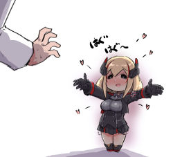  1boy 1girl azur_lane black_footwear black_gloves black_jacket black_skirt blonde_hair blush boots breasts chibi collared_shirt commander_(azur_lane) commentary_request cropped_jacket gloves grey_eyes grey_shirt hair_between_eyes headgear heart heart-shaped_pupils jacket long_hair long_sleeves medium_breasts multicolored_hair open_clothes open_jacket out_of_frame outstretched_arms pleated_skirt red_hair roon_(azur_lane) shadow shirt skirt solo_focus standing streaked_hair symbol-shaped_pupils translated u-non_(annon&#039;an) white_background white_jacket  rating:Sensitive score:5 user:百合fag