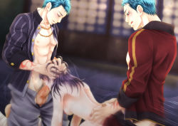 10s 1girl 2boys aogiri_yukio blush character_request clothed_male_nude_female clothed_sex double_penetration drooling dual_persona fellatio female_saniwa_(touken_ranbu) fingering group_sex hand_on_head hetero mmf_threesome multiple_boys multiple_penetration naughty_face nude oral penis saliva scar sex size_difference spitroast steam sweat tattoo threesome touken_ranbu uncensored vaginal yamabushi_kunihiro rating:Explicit score:35 user:harucho