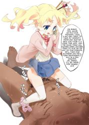  1girl age_difference alice_cartelet barefoot blonde_hair blue_eyes cellphone clothed_female_nude_male clothed_sex fake_translation feet girl_on_top highres kin-iro_mosaic loli male_pubic_hair no_shoes nude panties panties_around_leg phone pink_panties polka_dot polka_dot_panties pubic_hair sex short_twintails skirt thighhighs twintails underwear 