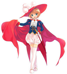 1girl :d akr_et boots brown_hair cardcaptor_sakura cloak feathers full_body gloves green_eyes hat hat_feather head_tilt highres holding holding_sheath kinomoto_sakura long_sleeves looking_at_viewer open_mouth puffy_shorts red_cloak red_hat sheath sheathed short_hair short_shorts shorts simple_background smile solo sword thigh_boots thighhighs weapon white_background white_feathers white_footwear white_gloves white_neckwear white_shorts zettai_ryouiki