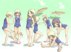  6+girls :p assisted_stretching bad_id bad_pixiv_id bandaid bandaid_on_knee bandaid_on_leg barefoot braid feet fish flat_chest full_body hair_ornament hairclip laughing mogeta_(jirotama88) multiple_girls one-piece_swimsuit school_swimsuit sitting standing stretching swim_cap swimsuit tongue tongue_out twin_braids  rating:Sensitive score:1 user:danbooru