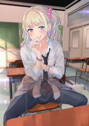 1boy blonde_hair blue_eyes blush bra bracelet bulge chair chalkboard classroom collarbone crossdressing earrings erection erection_under_clothes food_print hand_on_own_chin highres jewelry lips long_hair looking_at_viewer male_focus mole mole_under_mouth navel necktie nipples onomi9ta original school_uniform see-through shota side_ponytail sitting smile spread_legs strawberry_print translation_request trap underwear underwear_only x-ray rating:Questionable score:43 user:danbooru