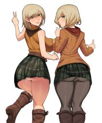  2girls arm_at_side arm_up ashley_graham ass ass_focus bare_arms bare_legs bare_shoulders belt black_pantyhose blazer blonde_hair bojinko boots breast_press breasts brown_belt brown_footwear brown_scarf crossover embarrassed eyebrows eyelashes feet_out_of_frame female_focus from_behind green_eyes green_skirt grin hand_up huge_ass jacket large_breasts light_blush lips long_sleeves looking_at_viewer looking_back medium_hair multiple_girls nose orange_blazer orange_sweater panties pantyhose pantyshot parted_lips profile red_scarf resident_evil resident_evil_4 resident_evil_4_(remake) scarf simple_background skirt sleeveless sleeveless_sweater smile standing sweater symmetrical_docking teeth underwear v white_background white_panties yellow_eyes 