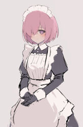  1girl alternate_costume apron blush closed_mouth collared_dress dress enmaided fate/grand_order fate_(series) frilled_apron frilled_hairband frills gloves grey_dress grey_gloves hair_over_one_eye hairband handa_guryu juliet_sleeves long_bangs long_sleeves looking_at_viewer maid maid_apron maid_day maid_headdress mash_kyrielight melty_blood:_type_lumina pink_hair puffy_sleeves purple_eyes short_hair simple_background smile solo white_apron white_background wrist_cuffs 