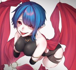  1girl absurdres amputee asymmetrical_hair backless_outfit bags_under_eyes blue_hair breasts eyes_visible_through_hair fangs female_focus gradient_background heart heart-shaped_pupils highres hip_vent karaage_(m1012s) looking_at_viewer original piercing pointy_ears quadruple_amputee red_eyes scales smile solo stitches symbol-shaped_pupils tongue tongue_out tongue_piercing  rating:Sensitive score:27 user:ponekad