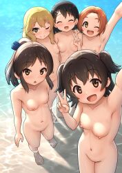  5girls :d ;) ;d ^_^ akagi_miria arisu_kazumi arm_up armpits asymmetrical_docking bar_censor barefoot black_hair blonde_hair blush breast_press breasts brown_eyes brown_hair censored cleft_of_venus closed_eyes commentary_request completely_nude from_above green_eyes hair_ornament hairclip idolmaster idolmaster_cinderella_girls loli looking_at_viewer multiple_girls navel nipples nude ocean one_eye_closed open_mouth outdoors partially_submerged ponytail pussy ryuzaki_kaoru sakurai_momoka sasaki_chie short_hair small_breasts smile symmetrical_docking tachibana_arisu two_side_up v wading  rating:Questionable score:212 user:danbooru
