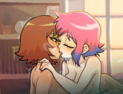  2girls black_eyes blush breasts brown_hair centinel303 closed_eyes colored_tips completely_nude french_kiss grabbing grabbing_another&#039;s_shoulder indoors kim_pine kiss large_breasts multicolored_hair multiple_girls nude pink_hair ramona_flowers scott_pilgrim_(series) scott_pilgrim_takes_off short_hair sweat twitching two-tone_hair upper_body yuri  rating:Questionable score:5 user:danbooru