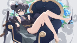 1girl barefoot black_dress black_footwear black_hair black_jacket blue_archive blue_eyes breasts butterfly_hair_ornament chair china_dress chinese_clothes closed_mouth commentary_request double_bun dragon_print dress grey_background hair_bun hair_ornament highres jacket kisaki_(blue_archive) legs long_hair looking_at_viewer miyuki_or69 on_chair print_dress shoes sitting sleeveless sleeveless_dress small_breasts solo thighs toes twintails rating:Sensitive score:18 user:danbooru