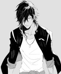  1boy alternate_costume arms_at_sides black_hair black_jacket closed_mouth collarbone expressionless grey_background greyscale hair_over_one_eye jacket jewelry looking_at_viewer male_focus medium_hair monochrome ookurikara pendant shirt simple_background sketch solo touken_ranbu upper_body vient white_shirt 