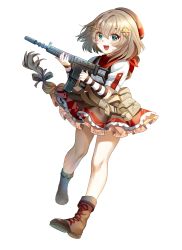 1girl :d ankle_boots assault_rifle belt_pouch beret blue_eyes blush boba boots braid brown_hair fn_fnc fnc_(girls&#039;_frontline) girls&#039;_frontline gun hair_ornament hair_ribbon hairclip hat highres long_hair looking_at_viewer open_mouth pouch ribbon rifle simple_background smile solo weapon white_background rating:Sensitive score:2 user:danbooru