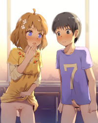  1boy 1girl :o ahoge bag bar_censor black_hair blue_eyes blue_shirt blush brown_hair censored cleft_of_venus closed_mouth clothes_grab clothes_lift commentary_request desk dress dress_lift erection floral_print flower foreskin grey_eyes hair_flower hair_ornament highres idolmaster idolmaster_million_live! indoors layered_sleeves lifted_by_self loli long_sleeves open_mouth original penis penis_awe pointless_censoring print_dress pubic_hair pussy school_desk seneto shirt short_over_long_sleeves short_sleeves shota sleeve_grab suou_momoko testicles white_flower window yellow_dress  rating:Explicit score:304 user:danbooru