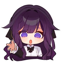  1girl bow breasts collared_shirt commentary english_commentary explosion hair_intakes hair_ornament highres honkai:_star_rail honkai_(series) honkai_impact_3rd kafka_(honkai_impact) large_breasts mi_(27782900) open_mouth outstretched_hand pose_imitation purple_bow purple_eyes purple_hair shirt sidelocks simple_background solo upper_body white_background white_shirt 