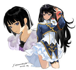  1girl arm_behind_back artist_name bangs_pinned_back black_hair blue_jacket closed_mouth cropped_jacket cropped_legs dated flower hair_ornament hairclip hand_in_own_hair hand_up jacket layered_skirt legs_apart long_sleeves looking_at_viewer looking_down multiple_views nijisanji pleated_skirt purple_eyes shirt short_hair simple_background skirt sleeve_cuffs smile soramame_(corndog) tsukino_mito virtual_youtuber white_background white_flower white_shirt white_skirt 