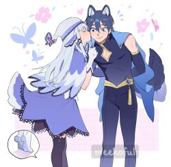  1boy 1girl afterimage animal_ears arms_behind_back black_thighhighs blue_cape blue_capelet blue_eyes blue_hair blue_skirt borrowed_character bug butterfly cape capelet closed_eyes clothing_cutout commission flower fox_boy fox_ears fox_girl fox_tail gloves hat hetero highres insect kiss kissing_cheek leaning_forward medium_skirt miyage_no_nukegara motion_lines original skeb_commission skirt sweatdrop tail thighhighs tiptoes watermark white_gloves white_hair white_headwear  rating:General score:1 user:danbooru