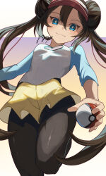  1girl absurdres ame_akira blue_eyes breasts bright_pupils brown_hair closed_mouth commentary_request creatures_(company) double_bun from_below game_freak hair_bun highres holding holding_poke_ball leg_up long_hair looking_down nintendo pantyhose poke_ball poke_ball_(basic) pokemon pokemon_bw2 raglan_sleeves rosa_(pokemon) shirt shorts signature smile solo twintails visor_cap white_pupils yellow_shorts 