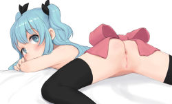 1girl anus ass black_thighhighs blue_eyes blue_hair blush bow cleft_of_venus female_focus hair_ornament hair_ribbon head_rest highres kuroshiro00 loli long_hair looking_at_viewer looking_back lying naked_ribbon noel_(sora_no_method) nude on_stomach pussy ribbon simple_background solo sora_no_method spread_legs thighhighs two_side_up uncensored white_background  rating:Explicit score:947 user:sytalidis