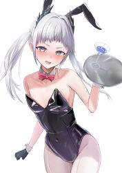  1girl absurdres alternate_hairstyle animal_ears arknights black_leotard blush bow bowtie breasts cocktail_glass covered_navel cup detached_collar drinking_glass embarrassed fake_animal_ears grey_eyes grey_hair head_wings highres holding holding_tray irene_(arknights) leotard long_hair looking_at_viewer matsutake_in pantyhose pink_bow pink_bowtie playboy_bunny rabbit_ears scar scar_across_eye simple_background small_breasts solo strapless strapless_leotard tray white_background white_pantyhose wings wrist_cuffs 
