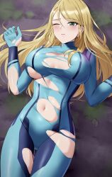  1girl absurdres amayo_thranana blonde_hair blue_bodysuit blush bodysuit breasts breasts_apart green_eyes hair_down hands_up highres large_breasts long_hair lying messy_hair metroid mole mole_under_mouth navel nintendo on_back one_eye_closed parted_lips samus_aran skin_tight solo thigh_gap torn_bodysuit torn_clothes zero_suit 