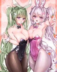  2girls :o alice_(nikke) alice_(wonderland_bunny)_(nikke) animal_ears antenna_hair bare_shoulders black_bow black_bowtie black_leotard blush bowtie breast_press breasts brown_pantyhose carrot_hair_ornament cleavage collarbone covered_navel detached_collar fake_animal_ears fake_tail food-themed_hair_ornament goddess_of_victory:_nikke green_hair hair_between_eyes hair_intakes hair_ornament heart_antenna_hair highleg highleg_leotard large_breasts leotard long_hair looking_at_viewer mole mole_on_breast multiple_girls na-mon nail_polish open_mouth pantyhose pink_bow pink_bowtie pink_eyes pink_hair pink_leotard pink_nails pissione playboy_bunny rabbit_ears rabbit_tail reaching reaching_towards_viewer sidelocks soda_(nikke) soda_(twinkling_bunny)_(nikke) strapless strapless_leotard symmetrical_docking tail thighs torn_clothes torn_pantyhose twintails white_pantyhose wide_hips wrist_cuffs 