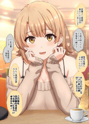  1girl :d absurdres blush breasts brown_hair brown_sweater cafe cleavage commentary_request cup hands_up highres inanaki_shiki indoors isshiki_iroha long_sleeves looking_at_viewer medium_hair off-shoulder_sweater off_shoulder open_mouth plate smile solo speech_bubble sweater teacup tongue translation_request yahari_ore_no_seishun_lovecome_wa_machigatteiru. yellow_eyes 