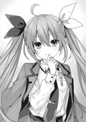 1girl ahoge belt bow closed_mouth collared_shirt date_a_live dress_shirt floating_hair greyscale hair_between_eyes hair_bow highres itsuka_kotori jacket jacket_on_shoulders long_hair long_sleeves looking_at_viewer monochrome necktie novel_illustration official_art shirt smile solo tsunako upper_body very_long_hair white_background wing_collar rating:Sensitive score:10 user:danbooru