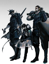  3boys ace_(arknights) air_gun ammunition_pouch arknights arrow_(projectile) beard black_gloves black_hair boots bulletproof_vest closed_mouth demon_horns demon_tail doctor_(arknights) facial_hair full_body gloves gradient_background grey_eyes grin gun gun_on_back hammer hand_in_pocket hat headset highres holding holding_arrow holding_hammer holding_shield hood hood_down hooded_coat horns horns_through_headwear infection_monitor_(arknights) interlocked_fingers invisible_chair kaifei_(kaifei_29) knee_pads male_focus mask mouth_mask multiple_boys mustache own_hands_clasped own_hands_together pants pouch scout_(arknights) shield short_hair sitting smile sunglasses tail walkie-talkie weapon weapon_on_back white_background 