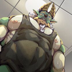  1boy animal_ears bara black_tank_top chest_tuft covered_abs cowboy_shot dragon_boy dragon_ears dragon_horns foreshortening from_below green_fur horns lander_(randa) large_pectorals looking_at_viewer looking_down male_focus meme muscular muscular_male nipple_slip nipples original pectoral_cleavage pectorals photo-referenced short_hair sidepec solo strongman_waist tank_top thick_eyebrows thick_mustache upper_body yur_oc_like_this_(meme) 