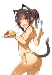 1girl animal_ears ass bikini black_hair breasts cat_ears cat_tail cowboy_shot food from_behind hair_ornament looking_at_viewer one_eye_closed open_mouth original plate ponytail simple_background small_breasts smile solo spoon swimsuit tail thong_bikini white_background x_hair_ornament yanagi_yuu yellow_bikini yellow_eyes rating:Questionable score:21 user:danbooru