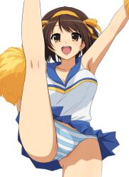 1girl blush breasts brown_eyes brown_hair cheerleader hairband haruhisky large_breasts leg_up open_mouth panties pantyshot pom_pom_(cheerleading) short_hair skirt smile solo striped_clothes striped_panties suzumiya_haruhi suzumiya_haruhi_no_yuuutsu underwear rating:Questionable score:47 user:danbooru